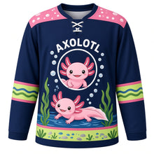 Load image into Gallery viewer, Axolotl Lagoon Original Hockey Jersey in Midnight Pond, front view – cute pink axolotl swimming through a calm lagoon with axolotl crest, custom name and number