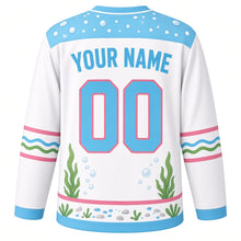 Load image into Gallery viewer, Axolotl Lagoon Original Hockey Jersey in Pearl White, back view with your name and number – bubble-pattern yoke and wavy water-plant sleeve stripes
