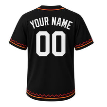 Load image into Gallery viewer, Backyard Bonfire Milwaukee Baseball Jersey in Night Black, back view with your name and number – custom block name and number with zigzag-stripe sleeves