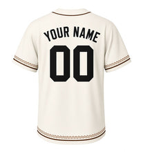 Load image into Gallery viewer, Backyard Bonfire Milwaukee Baseball Jersey in Smoke Cream, back view with your name and number – custom block name and number with zigzag-stripe sleeves