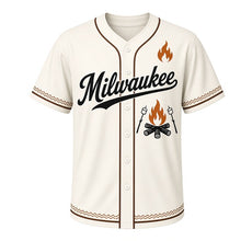 Load image into Gallery viewer, Backyard Bonfire Milwaukee Baseball Jersey in Smoke Cream, front view – crossed-log campfire with marshmallow sticks graphic with flame crest, custom name and number