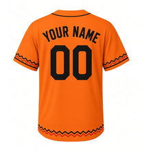 Load image into Gallery viewer, Backyard Bonfire Milwaukee Baseball Jersey in Ember Orange, back view with your name and number – custom block name and number with zigzag-stripe sleeves