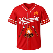 Load image into Gallery viewer, Backyard Bonfire Milwaukee Baseball Jersey in Flame Red, front view – crossed-log campfire with marshmallow sticks graphic with flame crest, custom name and number