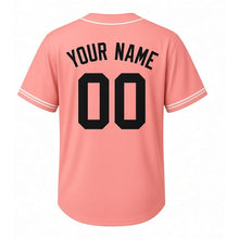 Load image into Gallery viewer, Backyard Hammock Milwaukee Baseball Jersey in Summer Coral, back view with your name and number – custom block name and number with striped sleeves