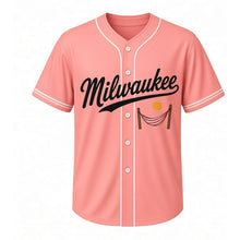 Load image into Gallery viewer, Backyard Hammock Milwaukee Baseball Jersey in Summer Coral, front view – striped hammock between two posts under a sun graphic, custom name and number