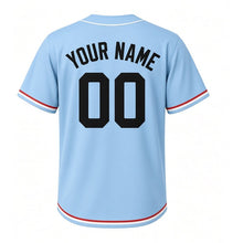 Load image into Gallery viewer, Backyard Hammock Milwaukee Baseball Jersey in Clear Sky Blue, back view with your name and number – custom block name and number with striped sleeves
