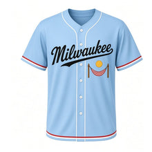 Load image into Gallery viewer, Backyard Hammock Milwaukee Baseball Jersey in Clear Sky Blue, front view – striped hammock between two posts under a sun graphic, custom name and number