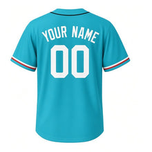 Load image into Gallery viewer, Backyard Hammock Milwaukee Baseball Jersey in Poolside Turquoise, back view with your name and number – custom block name and number with striped sleeves