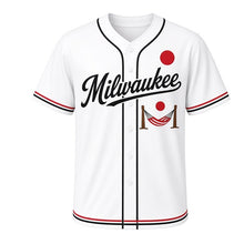 Load image into Gallery viewer, Backyard Hammock Milwaukee Baseball Jersey in Lazy Day White, front view – striped hammock between two posts under a sun graphic, custom name and number