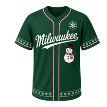 Load image into Gallery viewer, Backyard Snowman Milwaukee Baseball Jersey in Evergreen Pine, front view – smiling snowman with striped scarf and top hat graphic, custom name and number
