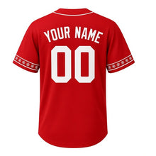 Load image into Gallery viewer, Backyard Snowman Milwaukee Baseball Jersey in Sled Red, back view with your name and number – custom block name and number with snowflake-stripe sleeves