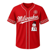 Load image into Gallery viewer, Backyard Snowman Milwaukee Baseball Jersey in Sled Red, front view – smiling snowman with striped scarf and top hat graphic, custom name and number