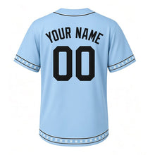 Load image into Gallery viewer, Backyard Snowman Milwaukee Baseball Jersey in Winter Sky Blue, back view with your name and number – custom block name and number with snowflake-stripe sleeves