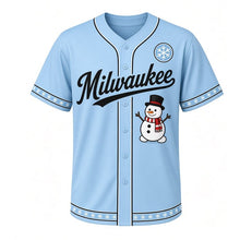 Load image into Gallery viewer, Backyard Snowman Milwaukee Baseball Jersey in Winter Sky Blue, front view – smiling snowman with striped scarf and top hat graphic, custom name and number