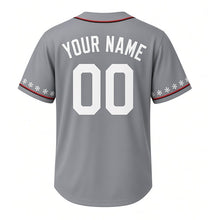 Load image into Gallery viewer, Backyard Snowman Milwaukee Baseball Jersey in Frost Steel Gray, back view with your name and number – custom block name and number with snowflake-stripe sleeves