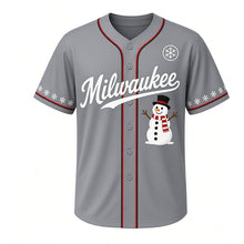Load image into Gallery viewer, Backyard Snowman Milwaukee Baseball Jersey in Frost Steel Gray, front view – smiling snowman with striped scarf and top hat graphic, custom name and number