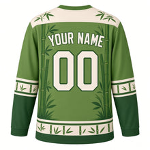 Load image into Gallery viewer, Bamboo Panda Grove Original Hockey Jersey in Bamboo Green, back view with your name and number – bamboo-leaf yoke and bamboo-node sleeve stripes