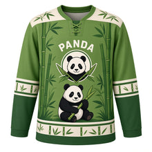 Load image into Gallery viewer, Bamboo Panda Grove Original Hockey Jersey in Bamboo Green, front view – friendly panda munching bamboo in a calm grove with panda crest, custom name and number