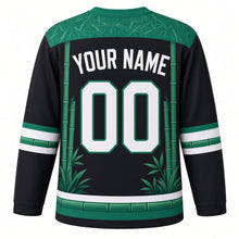 Load image into Gallery viewer, Bamboo Panda Grove Original Hockey Jersey in Ink Charcoal, back view with your name and number – bamboo-leaf yoke and bamboo-node sleeve stripes