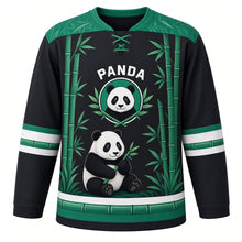 Load image into Gallery viewer, Bamboo Panda Grove Original Hockey Jersey in Ink Charcoal, front view – friendly panda munching bamboo in a calm grove with panda crest, custom name and number