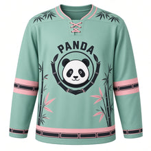 Load image into Gallery viewer, Bamboo Panda Grove Original Hockey Jersey in Misty Jade, front view – friendly panda munching bamboo in a calm grove with panda crest, custom name and number