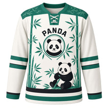 Load image into Gallery viewer, Bamboo Panda Grove Original Hockey Jersey in Rice Paper White, front view – friendly panda munching bamboo in a calm grove with panda crest, custom name and number