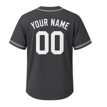 Load image into Gallery viewer, Barn Owl Milwaukee Baseball Jersey in Night Charcoal, back view with your name and number – custom block name and number with feather-stripe sleeves