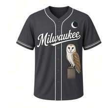 Load image into Gallery viewer, Barn Owl Milwaukee Baseball Jersey in Night Charcoal, front view – barn owl perched on a wooden fence post graphic, custom name and number