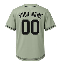Load image into Gallery viewer, Barn Owl Milwaukee Baseball Jersey in Meadow Sage, back view with your name and number – custom block name and number with feather-stripe sleeves