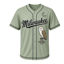 Load image into Gallery viewer, Barn Owl Milwaukee Baseball Jersey in Meadow Sage, front view – barn owl perched on a wooden fence post graphic, custom name and number