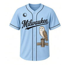 Load image into Gallery viewer, Barn Owl Milwaukee Baseball Jersey in Dusk Sky Blue, front view – barn owl perched on a wooden fence post graphic, custom name and number