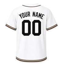 Load image into Gallery viewer, Barn Owl Milwaukee Baseball Jersey in Moonlit White, back view with your name and number – custom block name and number with feather-stripe sleeves