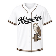 Load image into Gallery viewer, Barn Owl Milwaukee Baseball Jersey in Moonlit White, front view – barn owl perched on a wooden fence post graphic, custom name and number