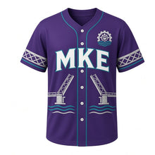 Load image into Gallery viewer, Bascule Bridge Lift Milwaukee Baseball Jersey in Dusk Violet, front view – raised drawbridge silhouette and gear-river crest, custom name and number