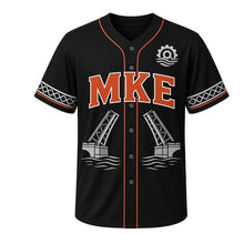 Load image into Gallery viewer, Bascule Bridge Lift Milwaukee Baseball Jersey in Ironwork Black, front view – raised drawbridge silhouette and gear-river crest, custom name and number