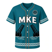 Load image into Gallery viewer, Bascule Bridge Lift Milwaukee Baseball Jersey in River Teal, front view – raised drawbridge silhouette and gear-river crest, custom name and number