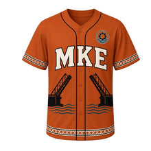 Load image into Gallery viewer, Bascule Bridge Lift Milwaukee Baseball Jersey in Rivet Rust, front view – raised drawbridge silhouette and gear-river crest, custom name and number