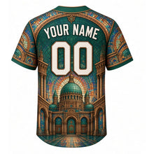 Load image into Gallery viewer, Basilica Dome Milwaukee Baseball Jersey in Verdigris Copper, back view with your name and number – mosaic-tile and stained-glass sleeve pattern