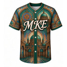 Load image into Gallery viewer, Basilica Dome Milwaukee Baseball Jersey in Verdigris Copper, front view – copper dome, stained-glass rose windows and gilded mosaics, custom name and number