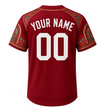 Load image into Gallery viewer, Basilica Dome Milwaukee Baseball Jersey in Rose Window Ruby, back view with your name and number – mosaic-tile and stained-glass sleeve pattern