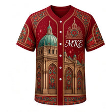 Load image into Gallery viewer, Basilica Dome Milwaukee Baseball Jersey in Rose Window Ruby, front view – copper dome, stained-glass rose windows and gilded mosaics, custom name and number
