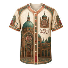 Load image into Gallery viewer, Basilica Dome Milwaukee Baseball Jersey in Cathedral Ivory, front view – copper dome, stained-glass rose windows and gilded mosaics, custom name and number