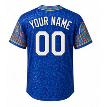 Load image into Gallery viewer, Basilica Dome Milwaukee Baseball Jersey in Mosaic Sapphire, back view with your name and number – mosaic-tile and stained-glass sleeve pattern