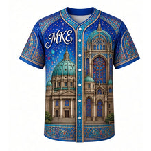 Load image into Gallery viewer, Basilica Dome Milwaukee Baseball Jersey in Mosaic Sapphire, front view – copper dome, stained-glass rose windows and gilded mosaics, custom name and number