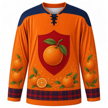 Load image into Gallery viewer, Battle of the Oranges Original Hockey Jersey in Orange Peel, front view with themed artwork and clean crest