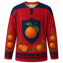 Load image into Gallery viewer, Battle of the Oranges Original Hockey Jersey in Phrygian Red, front view with themed artwork and clean crest