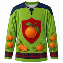 Load image into Gallery viewer, Battle of the Oranges Original Hockey Jersey in Citrus Leaf Green, front view with themed artwork and clean crest