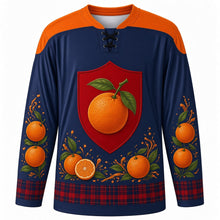 Load image into Gallery viewer, Battle of the Oranges Original Hockey Jersey in Alpine Night, front view with themed artwork and clean crest