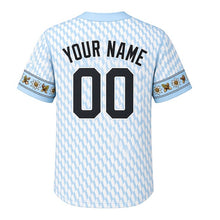 Load image into Gallery viewer, Bavarian Stein Milwaukee Baseball Jersey in Bavarian Sky Blue, back view with your name and number – edelweiss and oak-leaf folk trim on sleeves