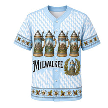 Load image into Gallery viewer, Bavarian Stein Milwaukee Baseball Jersey in Bavarian Sky Blue, front view – hand-painted steins with pewter lids and diamond lattice, custom name and number
